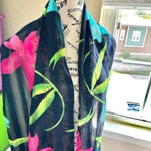 Vintage Navy Blue Soft Sheer Long Floral Scarf